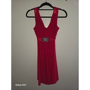 Scarlett Nite Petite Red V-Neck Cocktail Dress Crystal Buckle Satin Tie 6P
